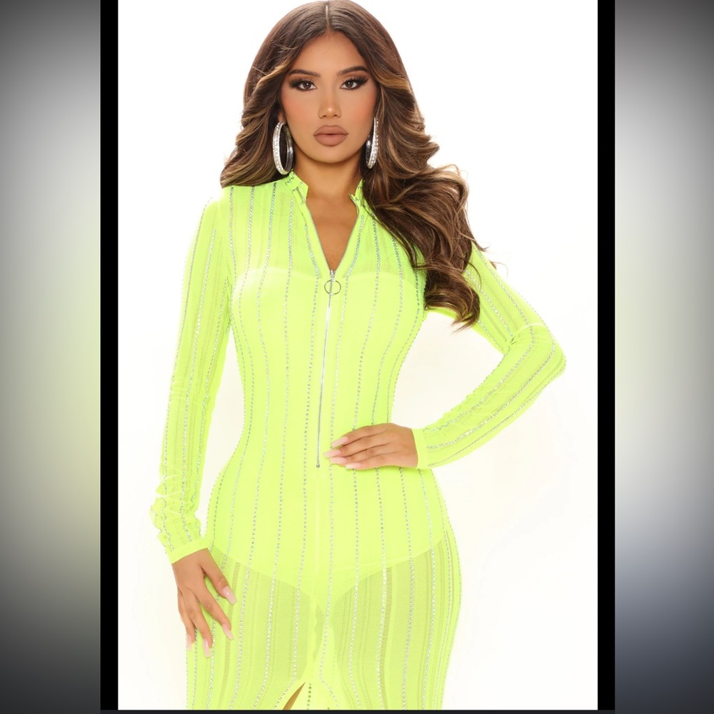 Fashion Nova Distracting You Rhinestone Neon Yellow Mesh Dress